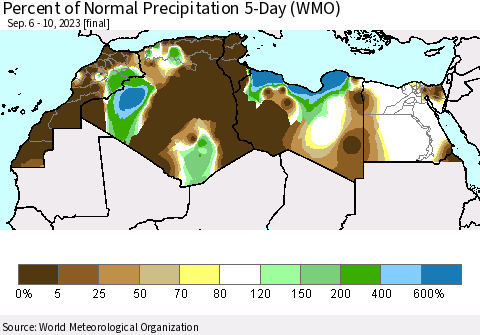 North Africa Percent of Normal Precipitation 5-Day (WMO) Thematic Map For 9/6/2023 - 9/10/2023