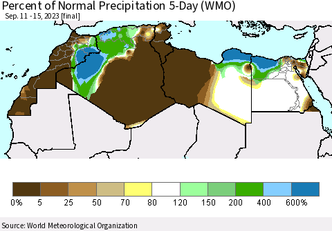North Africa Percent of Normal Precipitation 5-Day (WMO) Thematic Map For 9/11/2023 - 9/15/2023