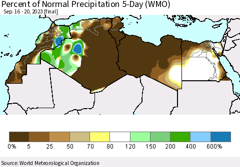 North Africa Percent of Normal Precipitation 5-Day (WMO) Thematic Map For 9/16/2023 - 9/20/2023