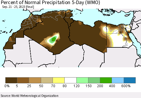 North Africa Percent of Normal Precipitation 5-Day (WMO) Thematic Map For 9/21/2023 - 9/25/2023