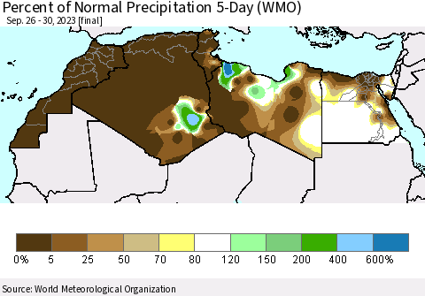 North Africa Percent of Normal Precipitation 5-Day (WMO) Thematic Map For 9/26/2023 - 9/30/2023