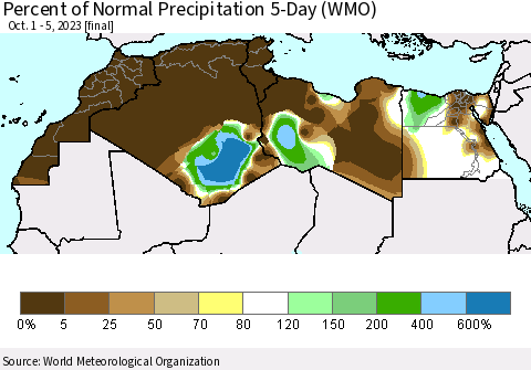 North Africa Percent of Normal Precipitation 5-Day (WMO) Thematic Map For 10/1/2023 - 10/5/2023
