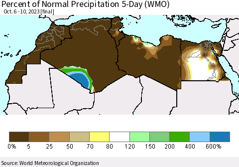 North Africa Percent of Normal Precipitation 5-Day (WMO) Thematic Map For 10/6/2023 - 10/10/2023