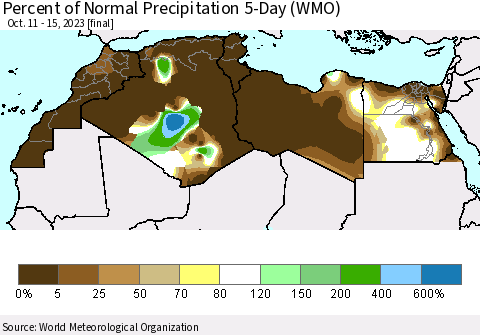 North Africa Percent of Normal Precipitation 5-Day (WMO) Thematic Map For 10/11/2023 - 10/15/2023