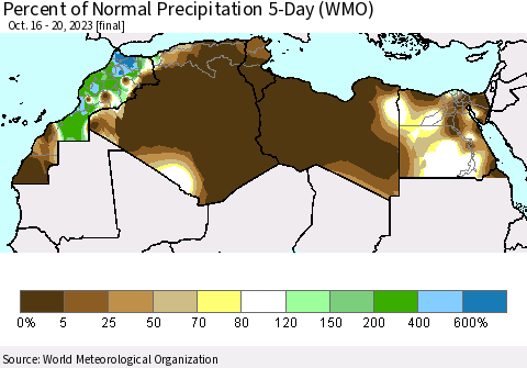 North Africa Percent of Normal Precipitation 5-Day (WMO) Thematic Map For 10/16/2023 - 10/20/2023