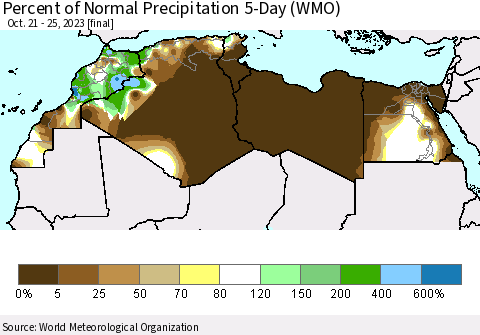 North Africa Percent of Normal Precipitation 5-Day (WMO) Thematic Map For 10/21/2023 - 10/25/2023