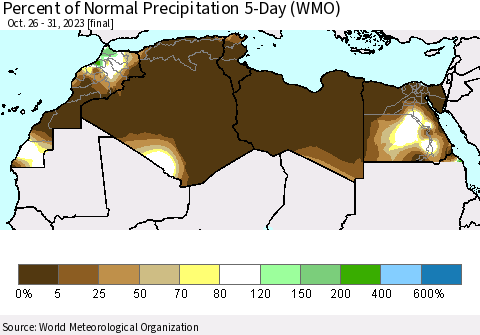 North Africa Percent of Normal Precipitation 5-Day (WMO) Thematic Map For 10/26/2023 - 10/31/2023