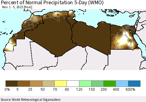 North Africa Percent of Normal Precipitation 5-Day (WMO) Thematic Map For 11/1/2023 - 11/5/2023