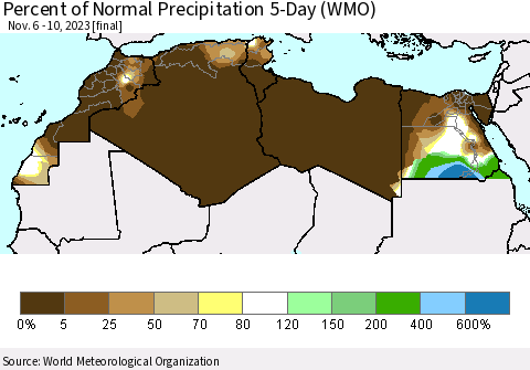 North Africa Percent of Normal Precipitation 5-Day (WMO) Thematic Map For 11/6/2023 - 11/10/2023