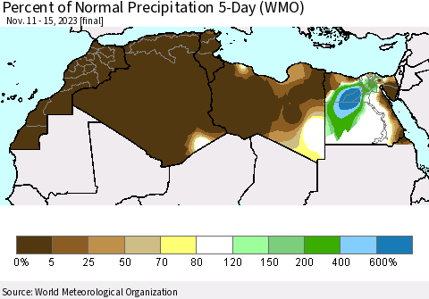 North Africa Percent of Normal Precipitation 5-Day (WMO) Thematic Map For 11/11/2023 - 11/15/2023