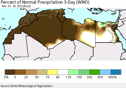 North Africa Percent of Normal Precipitation 5-Day (WMO) Thematic Map For 11/16/2023 - 11/20/2023