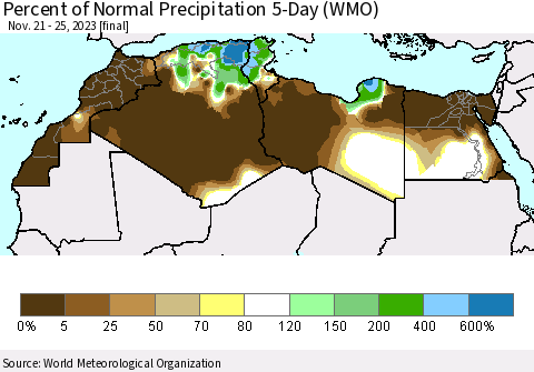 North Africa Percent of Normal Precipitation 5-Day (WMO) Thematic Map For 11/21/2023 - 11/25/2023