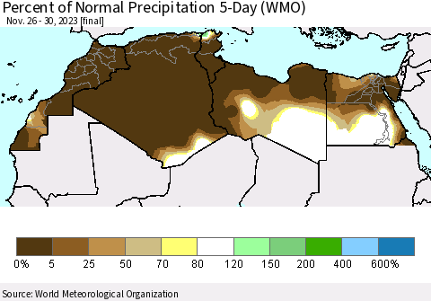 North Africa Percent of Normal Precipitation 5-Day (WMO) Thematic Map For 11/26/2023 - 11/30/2023