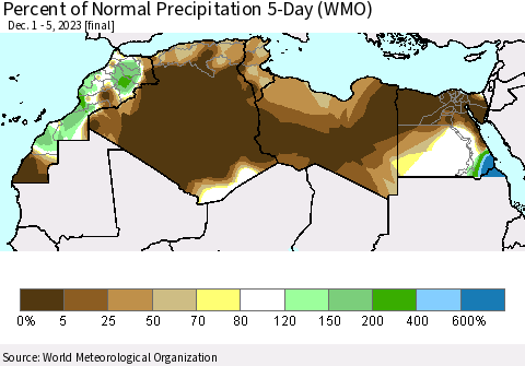 North Africa Percent of Normal Precipitation 5-Day (WMO) Thematic Map For 12/1/2023 - 12/5/2023