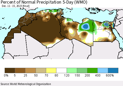 North Africa Percent of Normal Precipitation 5-Day (WMO) Thematic Map For 12/11/2023 - 12/15/2023