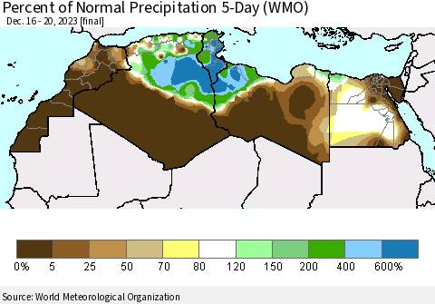 North Africa Percent of Normal Precipitation 5-Day (WMO) Thematic Map For 12/16/2023 - 12/20/2023