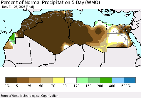 North Africa Percent of Normal Precipitation 5-Day (WMO) Thematic Map For 12/21/2023 - 12/25/2023
