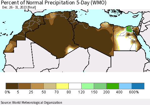 North Africa Percent of Normal Precipitation 5-Day (WMO) Thematic Map For 12/26/2023 - 12/31/2023