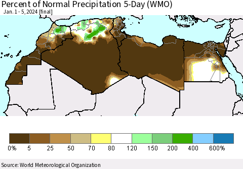 North Africa Percent of Normal Precipitation 5-Day (WMO) Thematic Map For 1/1/2024 - 1/5/2024