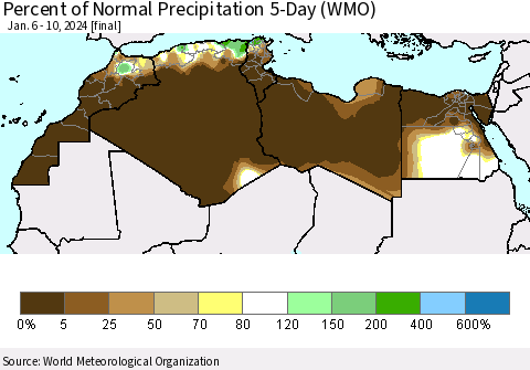 North Africa Percent of Normal Precipitation 5-Day (WMO) Thematic Map For 1/6/2024 - 1/10/2024