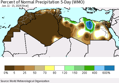 North Africa Percent of Normal Precipitation 5-Day (WMO) Thematic Map For 1/11/2024 - 1/15/2024