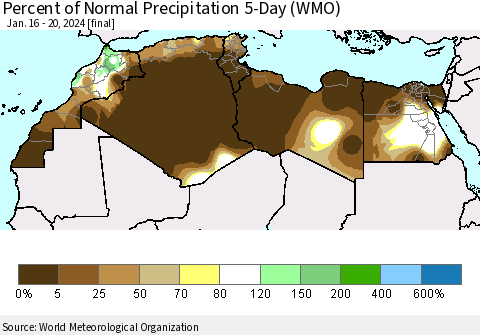 North Africa Percent of Normal Precipitation 5-Day (WMO) Thematic Map For 1/16/2024 - 1/20/2024