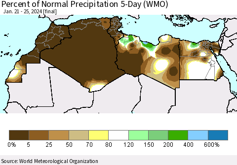 North Africa Percent of Normal Precipitation 5-Day (WMO) Thematic Map For 1/21/2024 - 1/25/2024