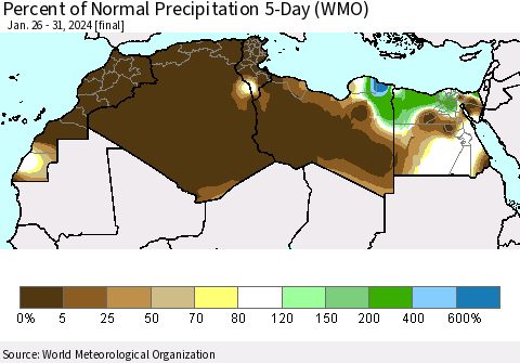 North Africa Percent of Normal Precipitation 5-Day (WMO) Thematic Map For 1/26/2024 - 1/31/2024