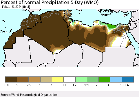 North Africa Percent of Normal Precipitation 5-Day (WMO) Thematic Map For 2/1/2024 - 2/5/2024
