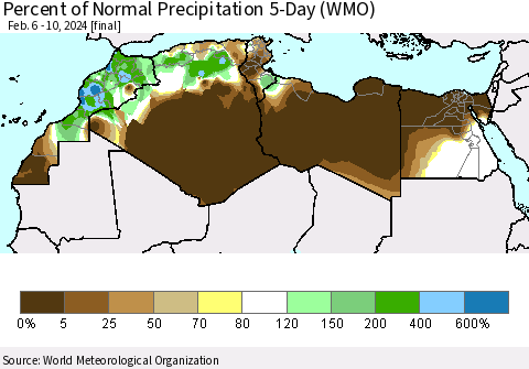 North Africa Percent of Normal Precipitation 5-Day (WMO) Thematic Map For 2/6/2024 - 2/10/2024