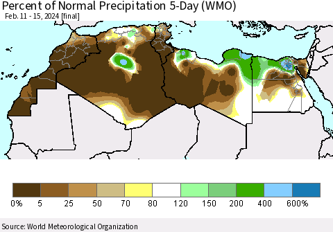 North Africa Percent of Normal Precipitation 5-Day (WMO) Thematic Map For 2/11/2024 - 2/15/2024