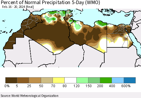 North Africa Percent of Normal Precipitation 5-Day (WMO) Thematic Map For 2/16/2024 - 2/20/2024