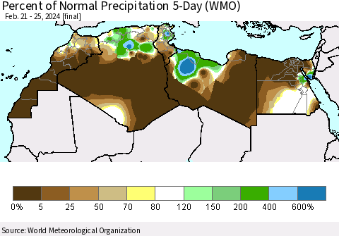 North Africa Percent of Normal Precipitation 5-Day (WMO) Thematic Map For 2/21/2024 - 2/25/2024