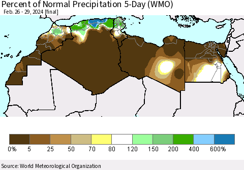 North Africa Percent of Normal Precipitation 5-Day (WMO) Thematic Map For 2/26/2024 - 2/29/2024