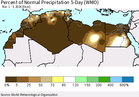 North Africa Percent of Normal Precipitation 5-Day (WMO) Thematic Map For 3/1/2024 - 3/5/2024