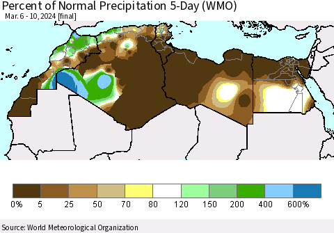 North Africa Percent of Normal Precipitation 5-Day (WMO) Thematic Map For 3/6/2024 - 3/10/2024
