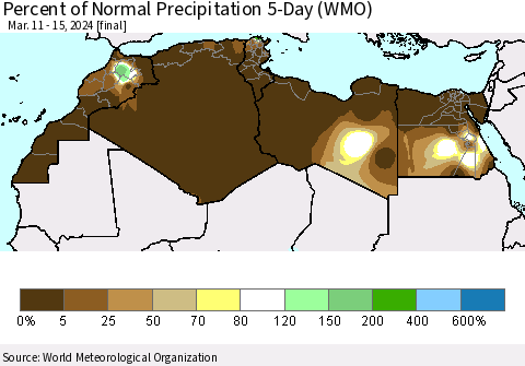 North Africa Percent of Normal Precipitation 5-Day (WMO) Thematic Map For 3/11/2024 - 3/15/2024