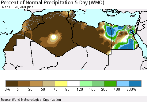 North Africa Percent of Normal Precipitation 5-Day (WMO) Thematic Map For 3/16/2024 - 3/20/2024
