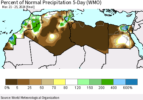 North Africa Percent of Normal Precipitation 5-Day (WMO) Thematic Map For 3/21/2024 - 3/25/2024