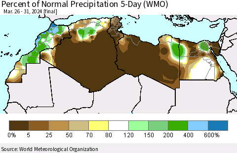 North Africa Percent of Normal Precipitation 5-Day (WMO) Thematic Map For 3/26/2024 - 3/31/2024