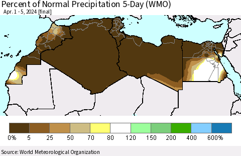 North Africa Percent of Normal Precipitation 5-Day (WMO) Thematic Map For 4/1/2024 - 4/5/2024