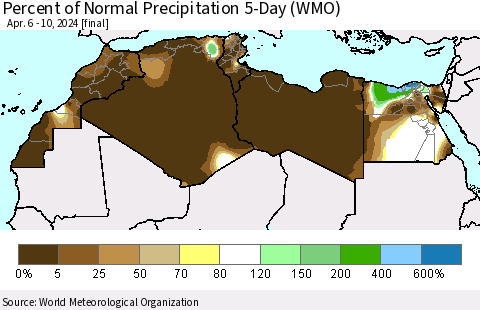 North Africa Percent of Normal Precipitation 5-Day (WMO) Thematic Map For 4/6/2024 - 4/10/2024