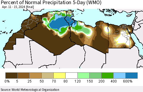 North Africa Percent of Normal Precipitation 5-Day (WMO) Thematic Map For 4/11/2024 - 4/15/2024