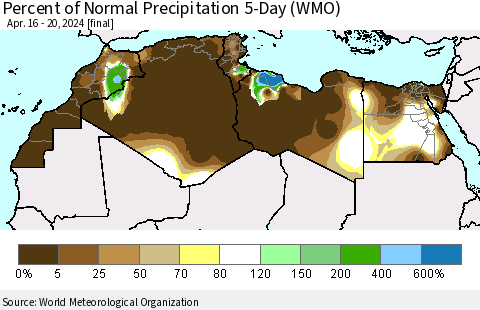 North Africa Percent of Normal Precipitation 5-Day (WMO) Thematic Map For 4/16/2024 - 4/20/2024