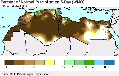 North Africa Percent of Normal Precipitation 5-Day (WMO) Thematic Map For 4/21/2024 - 4/25/2024