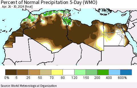 North Africa Percent of Normal Precipitation 5-Day (WMO) Thematic Map For 4/26/2024 - 4/30/2024