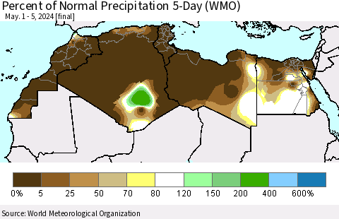 North Africa Percent of Normal Precipitation 5-Day (WMO) Thematic Map For 5/1/2024 - 5/5/2024