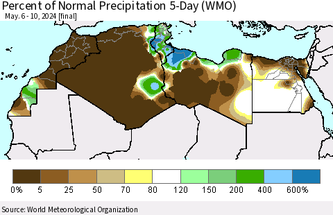 North Africa Percent of Normal Precipitation 5-Day (WMO) Thematic Map For 5/6/2024 - 5/10/2024
