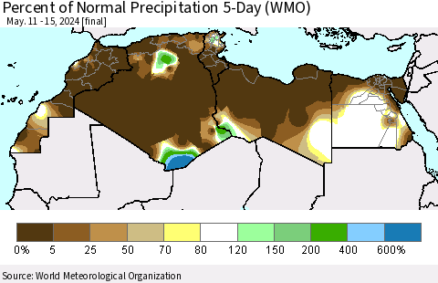 North Africa Percent of Normal Precipitation 5-Day (WMO) Thematic Map For 5/11/2024 - 5/15/2024