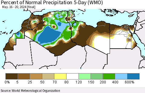 North Africa Percent of Normal Precipitation 5-Day (WMO) Thematic Map For 5/16/2024 - 5/20/2024